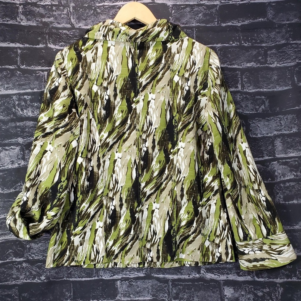 Puli‎ Lightweight Jacket Womens Small Green Abstract Print Roll Tab Zip Pocket